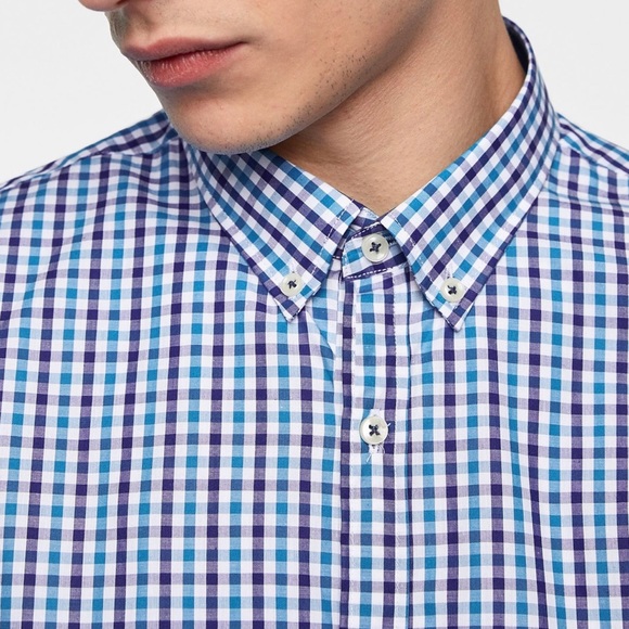 ZARA Men's Plaid Slim Fit Shirt Turquoise Blue - Picture 4 of 11